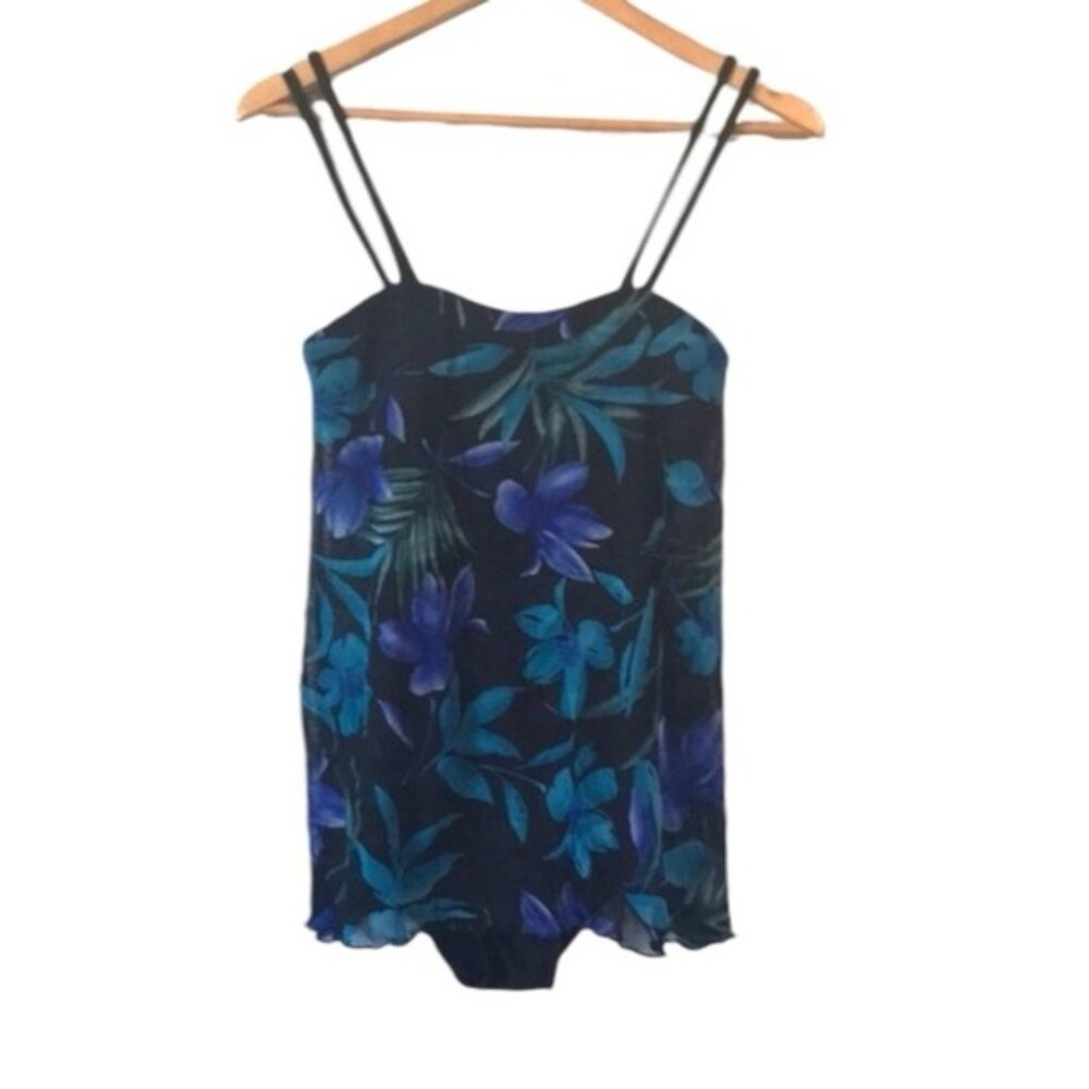 East West tropical mesh overlay black blue one piece swimsuit size Medium